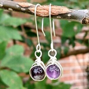 Amethyst Crystal Beaded Dangle Earrings, Wire Wrapped, Silver, Boho Statement